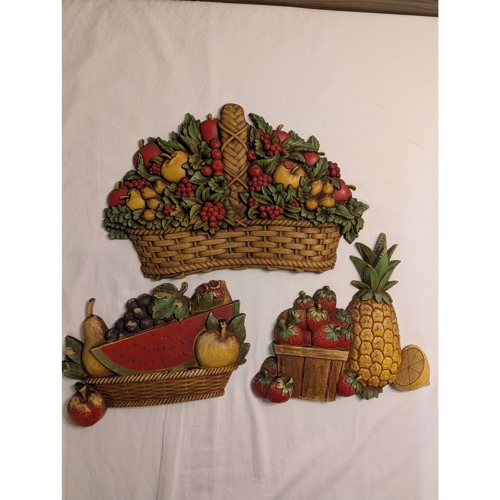 Vintage 1975 Homco Fruit Basket Wall Plaques Set 3 Dart Ind 7350 7351 7352 USA
